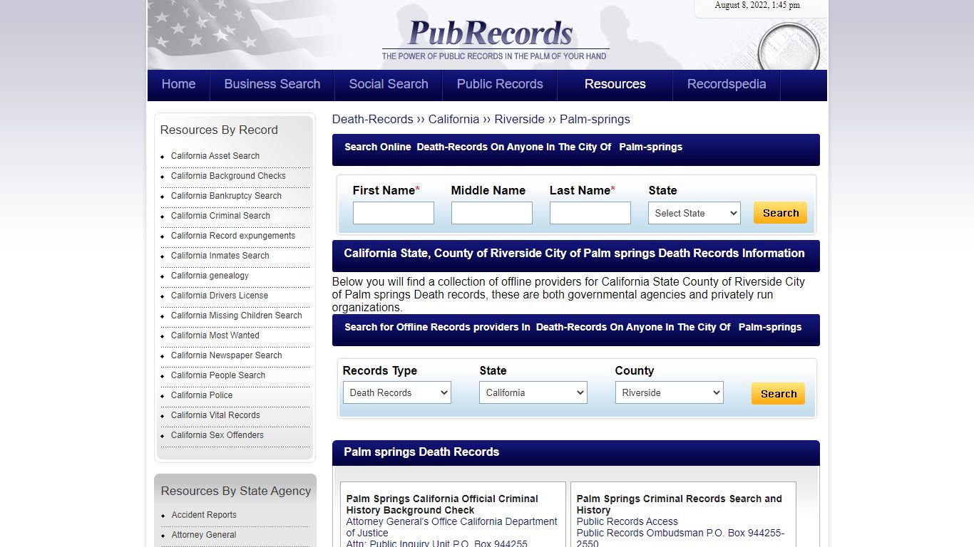 Palm springs, Riverside County, California Death Records