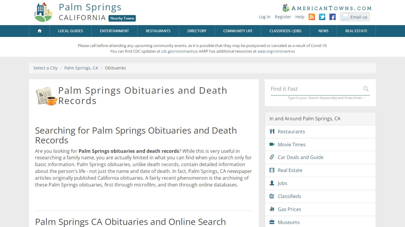 Obituaries Palm Springs CA - Palm Springs Death Records